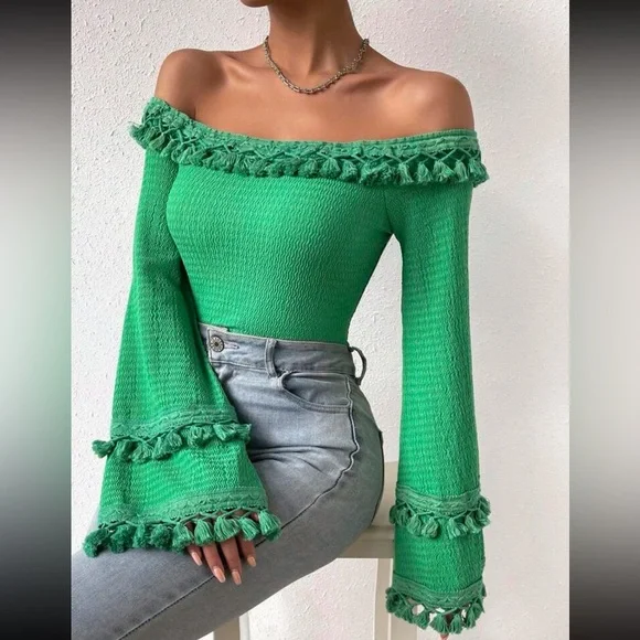 Boho Off Shoulder Flare Long Sleeve Fringe Tassel Cropped Top Blouse Shirt - Picture 5 of 7